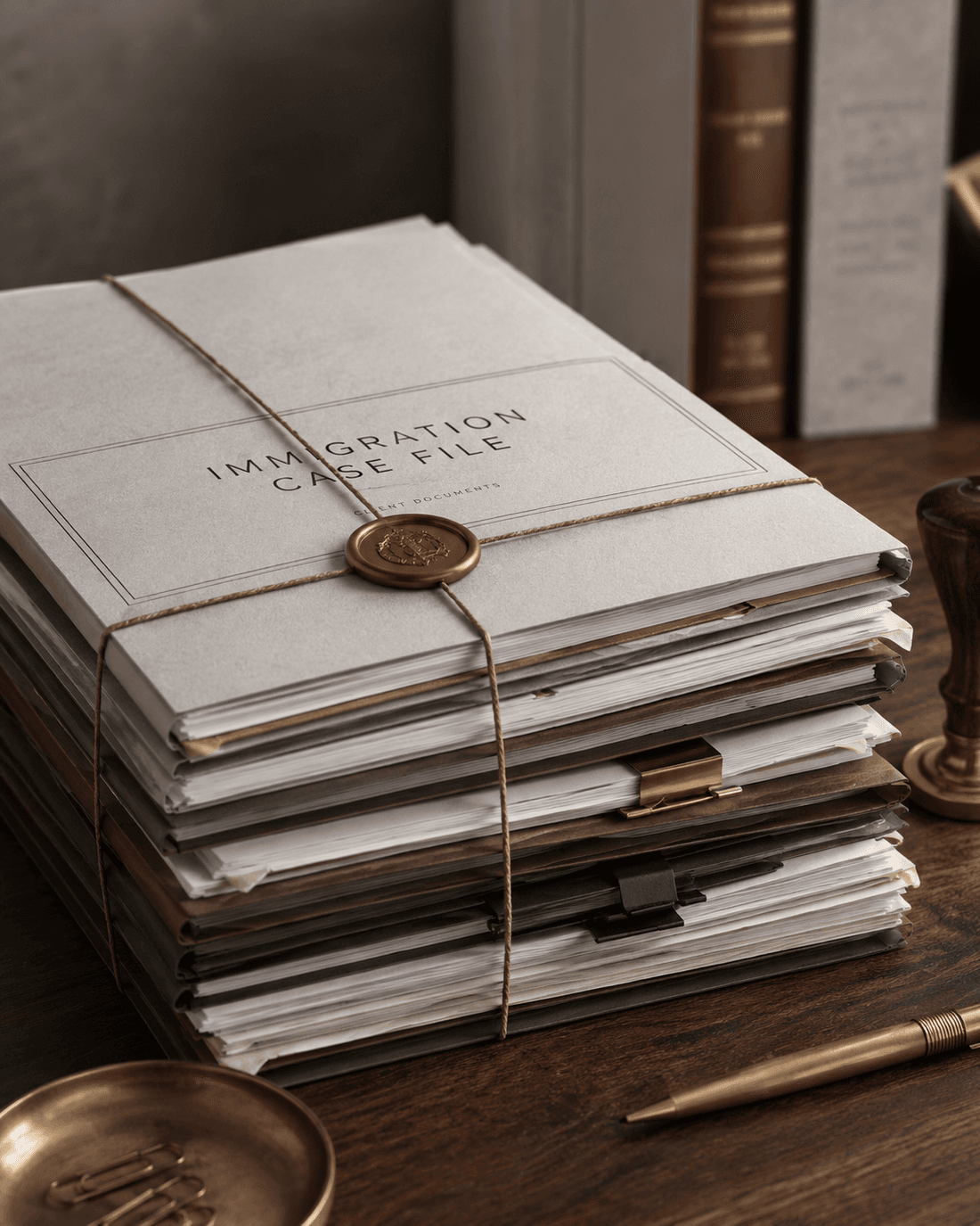 A bound immigration case file of client documents on a solicitor's desk